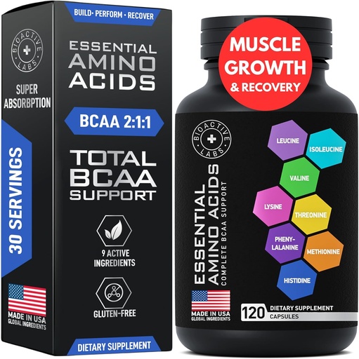 [BRSRMCQRAEHQOYDZ] Essential Amino Acids Supplement for Women & Men - Vegan BCAA Amino Acid Complex for Muscle Growth with All 9 BCAAs Essential Aminos - Advanced Workout Power & Recovery Formula - 120 EAA BCAA Pills