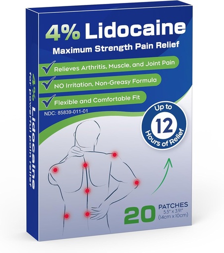 [BRSRAGQQDIPGCHY2] Uposiut 4% Lidocaine Patches, 20 Count Patches Maximale Stärke Lidocaine Patches (20 Patches), für Muskelschmerzen Relief im Hals, Schultern, Rücken, Knie und Anks, 12 Stunden Schmerz Relief-012345