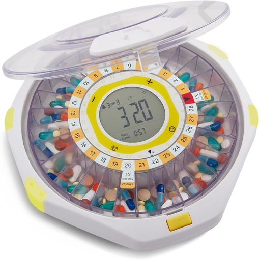 [BRSROBQ3CUFAK237] LiveFine Bluetooth Automātiskais Pill Dispenser, 28 dienu jauda, skaņas un gaismas brīdinājumi, Atslēgu slēdzis, LCD & Easy iestatīšana uz LiveFine App abonēšanai, medikamentiem, vitamīniem un papildinājumiem - Clear Lid