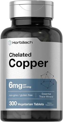 [BRSW2GT6CIPROFDK] Horbäach Chelated Copper Supplement 6mg | 300 Tablet | Essential Trace Mineral | Vegetarian, Ez-GMO, Gluten Free