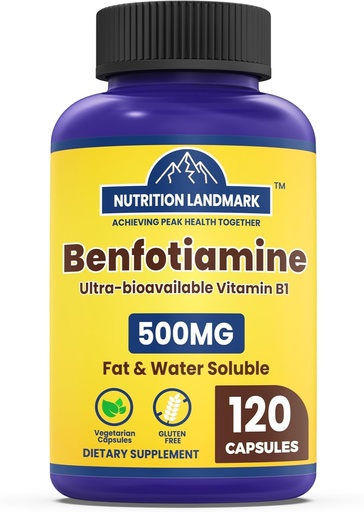 [BRSRAFQHBECGEAY4] Benfotiamine 500mg Per Serving, 120 Veggie Capsules (250mg Per Cap) – Fat Soluble Vitamin B1 Thiamine Supplement – 3rd Party Tested, Vegan, Non-GMO, Gluten Free