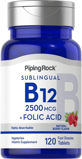 [BRSWIFDQAYJR4A3E] Piping Rock Vitamin B12 Sublingual | 2500 mcg | 120 Tabletten | mit Folsäure | Beilage für Frauen und Männer | Berry Flavor | Vegetarisch, Non-GMO, Glutenfrei