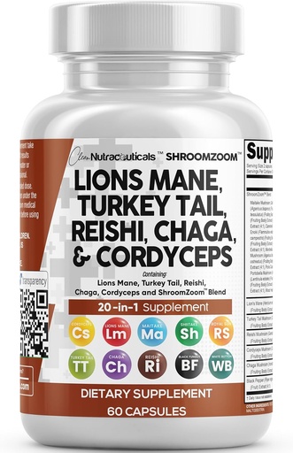 [BRSRMFL7C4HB6A36] Clean Nutraceuticals Lions Mane 20in1 Mushroom Supplement med Tyrkia Tail Reishi Cordyceps Chaga Maitake Meshima Poria Cocos Shiitake Oyster Porcini Enoki - 1 pakke