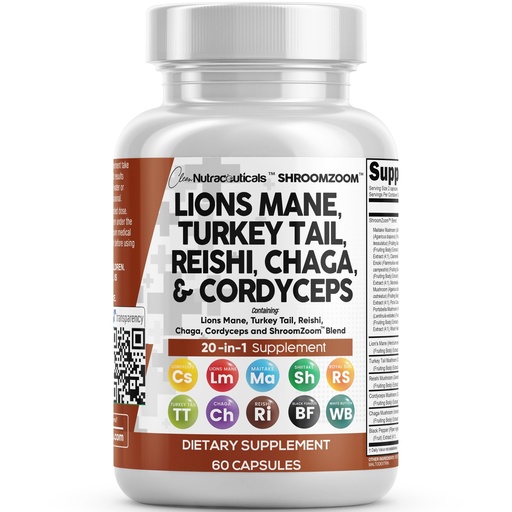 [BRSRMFL7C4HB6A36] Clean Nutraceuticals Lions Mane 20in1 Mushroom Supplement with Turkey Tail Reishi Cordyceps Chaga Maitake Meshima Poria Cocos Shiitake Oyster Porcini Enoki - 1 Pack