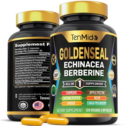 [BRSRAGD3CQMWAALB] Goldenseal Root Supplement - 10in1 Formula - Combine with Echinacea, Berberine, Turmeric, Cayenne Pepper, Ginger, Apple Pectin, Neem, & More - Digestive Health Support - 120 Capsules