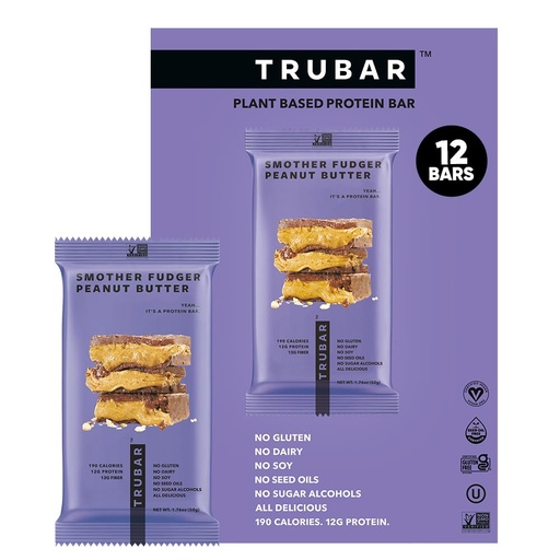 [BRSWG2Q6A57R43TH] TRUBAR Vegan Protein Bar, Smother Fudger Peanut Butter, Gluten Free, Plant Based Protein, Dairy Free, Non GMO, Soy Free, No Sugar Alcohols, 12G Protein, 13G Fiber, Healthy on the Go Snack Bars, 12 CT