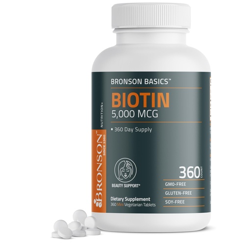 [BRSRMAQQCF4GAFY3] Bronson Biotin 5,000 MCG Supports Healthy Hair, Skin & Nails & Energy Production - High Potency Beauty Support - Non-GMO, 360 Vegetarian Tablets