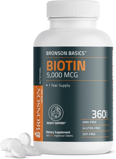 [BRSRMAQQCF4GAFY3] Bronson Biotin 5000 MCG-k ile osasuntsua, larrua eta iltzeak eta energia ekoizpena onartzen ditu - Potency Beauty Support - GMO ez, 360 Vegetarian Tablets