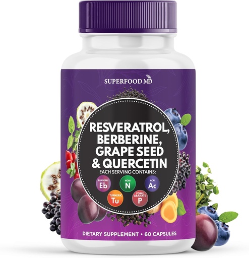 [BRSRAH3QDMJQYE3X] Resveratrol Berberine Grape Seed Extract Quercetin - Polyphenol Supplement with Noni Extract, N-Acetyl Cysteine, Acai Extract - Made in The USA - 60 Capsules