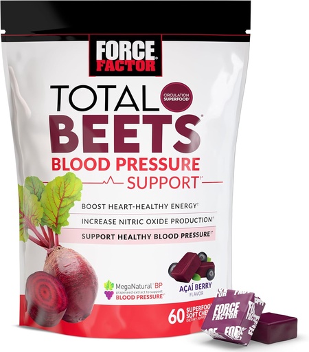 [BRSW2AYFBACWE2DG] Force Factor Total Beets Blood Pressure Support는 Beet Powder, Heart-Healthy Energy의 Great-Tasting Beets Chewable 및 증가 된 Nitric 산화물, 60 Chews와 함께 보충합니다.