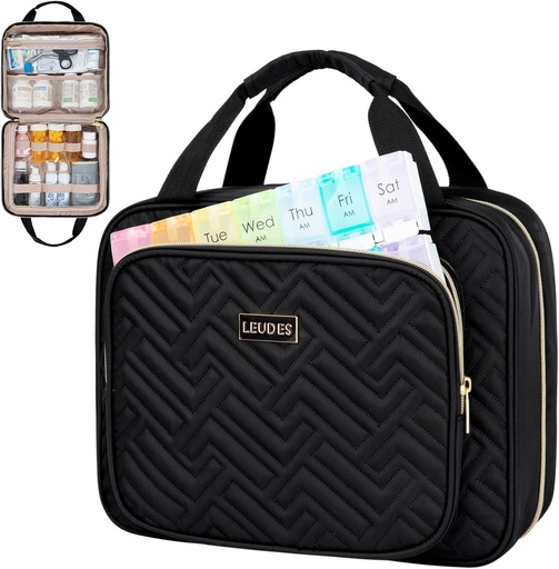 [BRSW2HAEOYDROEYV] Leudes Travel Pill Bottle Organizer,Medicine Organizer and Storage,Home Medication Bag, Cases,Carrier for Pills,Vitamin,Fish Oil,Supplements for Women and Men (Large, Black)
