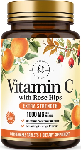 [BRSRAFTQBAMQIHQU] Vitamin C 1000mg Per Serving - Extra Strength with Rose Hips Bioflavonoids - Sugar Free Vitamin C Chewable Pills, Vit C Supplement for Immune Support & Antioxidant, USA Bottled - 60 Chewable Tablets
