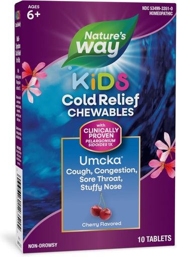 [BRSWGFI5CENQ2GT6] Nature's Way Kids Cold Relief Kauwtabletten, Umcka, Leeftijden 6+, Verkort Duur en vermindert Severity, Multi-Symptoom Koude Remedie, Niet-Drowsy, Cherry Flavored, 10 Tablets