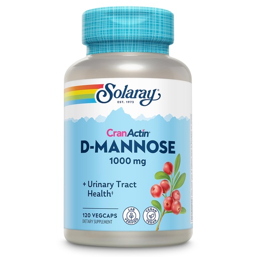 [BRSWIYQ4OJ5R23AZ] SOLARAY D-Mannose 1000mg with CranActin Cranberry Supplement 400mg, Urinary Tract Health & Bladder Support Capsules with Vitamin C, Vegan, 60 Day Guarantee, 60 Servings, 120 VegCaps (120 CT)