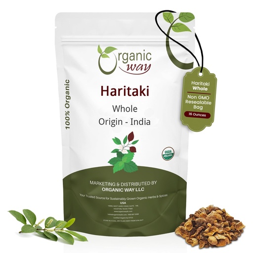 [BRSRA2YTBMBW2E3G] Organic Way Haritaki Whole (Chebulic Myrobalan) | Terminalia Chebula (Yellow Myrobalan) | Kosher & USDA Certified | Vegan, Non-GMO & Gluten Free | 100% Raw from India (16 oz - 1 lbs)