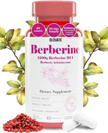 [BRSRAYAZOAPWCGT2] Elovate Berberine HCI -kapselit, 1200mg - Kaikki luonnolliset, 3rd-Party- Tested, ei-GMO & Gluteenittomat berberiini täydentää sydämen ja digestion, 60 kreivit