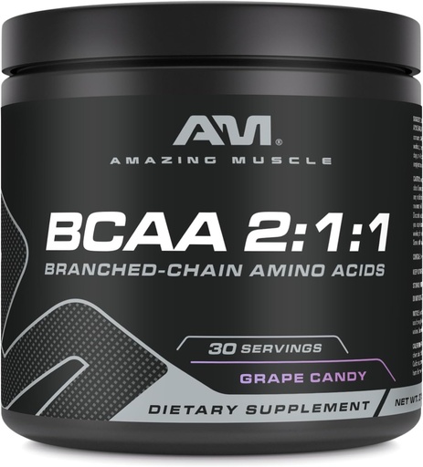 [BRSRAYY7DMIR4CLL] Amazing Muscle BCAA 2:1:1 | 30 Servings | Natural Flavor | 315 Grams Powder | Branched Chain Amino Acids Supplement | Made in USA (30 Servings, Grape Candy)