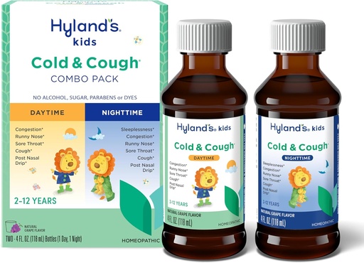 [BRSWGFD7AV7WC2A2] Hyland's Kids Cold and Cough, Day and Night Combo Pack, Cold Medicine for Ages 2 and up, Grape Flavor Syrup Cough Medicine for Kids, Nasal Decongestant, 4 Fl Oz (Pack of 2)