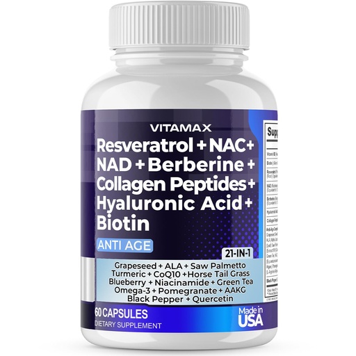 [BRSROGATOEMGKHT2] Resveratrol NAD+ Berberine Hyaluronic Acid - Biotin Grape & Blueberry + NAC - Collagen Peptides - Hair, Nail, Skin & Joint Supplement - 21-in-1 Women and Men - Made in USA (60 Count (Pack of 1)