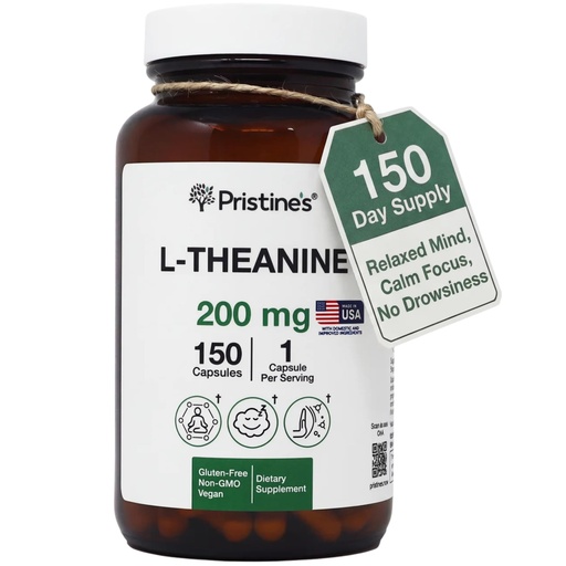 [BRSRAZD6DECB42QV] PRISTINE'S L Theanine 200mg Supplement Capsules - 3rd Party Tested Non GMO -150 Day Supply - Relaxation & Sleep Quality Support Capsules - Vegan, cGMP Facility & Gluten Free Glass Bottles