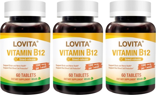 [BRSWGAABCEIAOCD5] Lovita Vitamina B12 1000 mcg (B12 Vitaminas como Cyanocobalamin), Timed Release B12, Vegan-Friendly, Supports Nervous System, 60 Tabletas Vegetarianas (2 Month Supply) (Pack of 3)