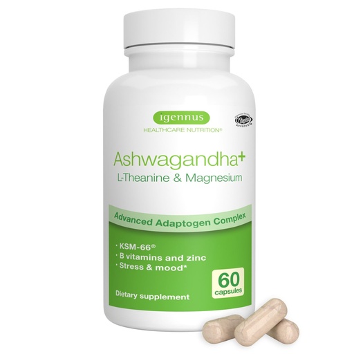 [BRSROEIPOINR6CTL] Igennus High Strength Ashwagandha, Magnesium, & L-Theanine Stress Relief Complex, KSM-66 Root Extract Adaptogens, Boosted with Methylfolate, Zinc & Biotin Clean Label, 60 Fast Acting Capsules