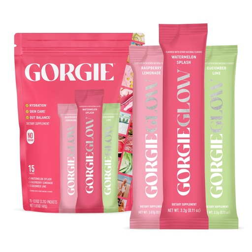 [BRSRAZAYDJYBGEQZ] GORGIE Glow Hydration Packets, Sugar-Free Electrolyte Powder Sticks, Hyaluronic Acid, Probiotics, Aquamin, Vitamins C, D Daily Hydration, Skin and Gut Support, Caffeine Free - Variety Pack 15 Sticks