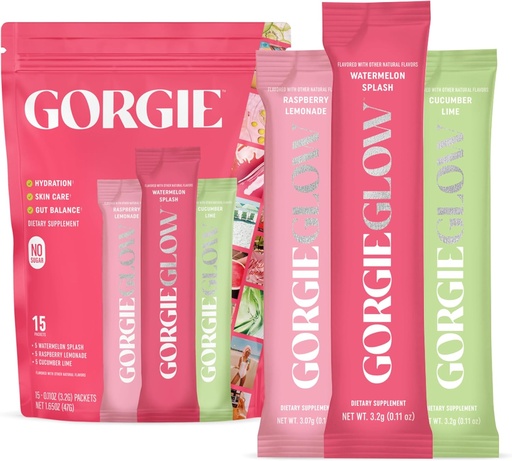 [BRSRAZAYDJYBGEQZ] GORGIE Glow Variety Pack 15 Sticks, Electrolyte Powder Healthy Drink Mix, w/Hyaluronic Acid, Aquamin, Vitamin C & D, Probióticos, No Sugar, Antioxidantes para a hidratación, coidado da pel e equilibrio Gut