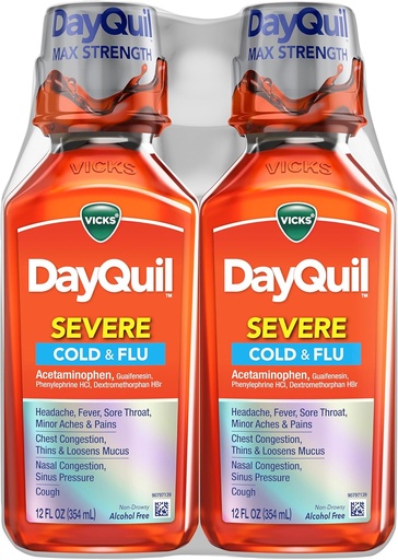 [BRSRAGQQBEMG2YD7] Vicks DayQuil Severe Cold " Flu Liquid Medicine, Daytime Relief for Headache, Fever, Sore Throat, Minor Aches " Pains, Chest Congestion, Stuffy Nose, Nasal Congestion, Sinus Pressure, " Cough, 2x12oz