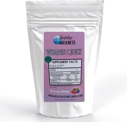 [BRSROAINDN5QEA37] Vitamin C Juice Powder | 1000 mg Vitamin C as Ascorbic Acid per Serving | Berry Blast Flavor | No Added Sweetener | 150 Servings