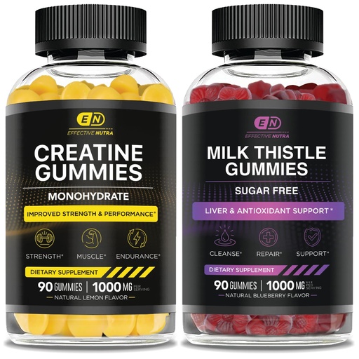 [BRSROBT7O4CRE2TK] EFFECTIVE NUTRA Creatine Monohydrate Gummies 90ct & Sugar Free Milk Thistle Gummies 90ct