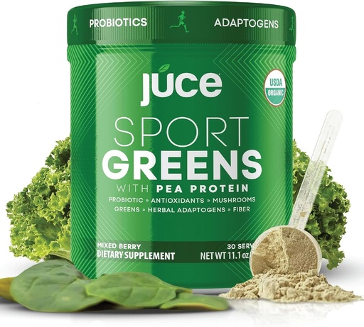 [BRSROYYOPN5WA2DL] Juce SG7 Sport Greens Powder Supplement | Organic Plant Based Protein | Green Juice Powder | Probiotics | Mushrooms | Mixed Berry Flavor | 30 Servings | By Terra Kai Organics