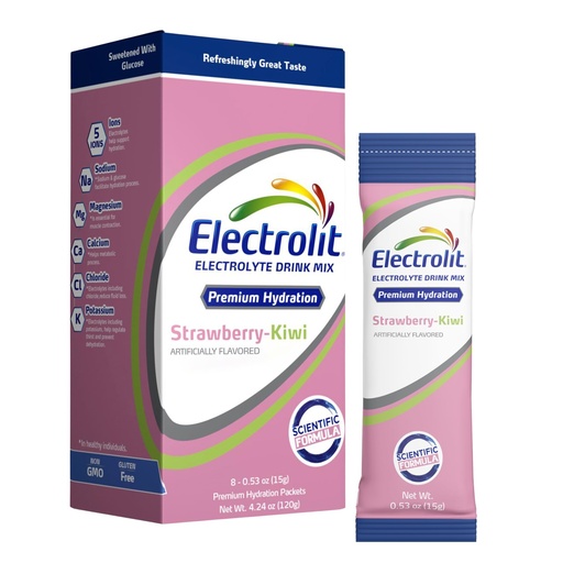 [BRSROEICPIFA2A34] Electrolit Electrolytes Powder Packets, Strawberry Kiwi 8 Pack, Powdered Hydration Packets for Dehydration & Rehydration, Post Workout Flavored Hydrating Drink Mix, Gluten Free Water Enhancer Sticks