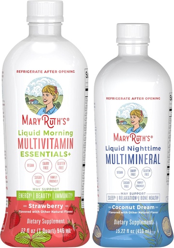 [BRSRABIHBUFAAA3D] MaryRuth's Liquid Morning Multivitamin (Strawberry) & Liquid Nighttime Multimineral (Coconut, 15oz) | Clean Label Project Verified® | Vegan Vitamins for Energy, Bedtime Routine, & Overall Health