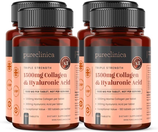 [BRSWIA34PMORMHA7] pureclinica Triple Strength Marine Collagen & Hyaluronic Acid – 1500mg per Tablet | 720 Tablets (4 Bottles of 180) | Supports Skin, Joints & Hydration