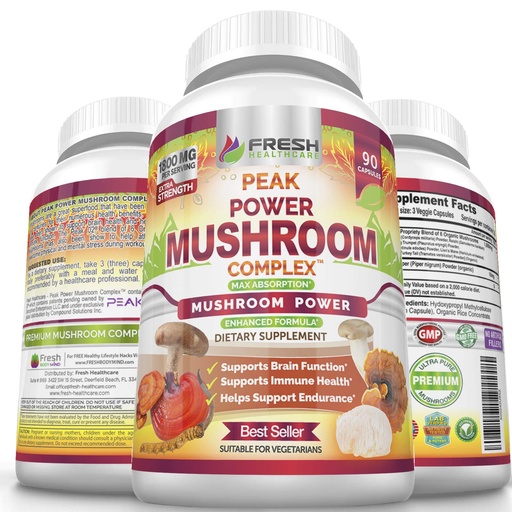[BRSWGAYCOUMWGG3X] FRESH HEALTHCARE Mushroom Supplement - Lions Mane, Cordyceps, Reishi, Turkey Tail, and Shitake - Immune and Brain Support - Peak Power Mushroom Supplement - 90 Vegan Capsules