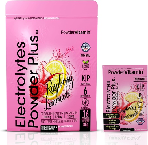 [BRSRAGAKC4MQG3A6] PowderVitamin Electrolytes Powder Plus, Keto, Raspberry Lemonade, Sugar Free, Pink Himalaiako gatza, 1000mg Potasio, 120mg Calcium, 120mg Magnesium, Ez-GMO, Zero Calories, (16 Hydration Packets)