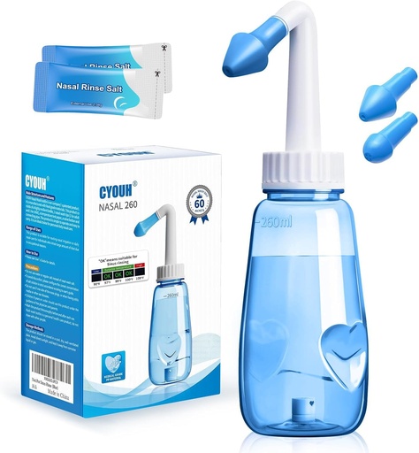 [BRSRMHALPIOW2HL3] Neti Pot Sinus Rinse Bottle 260 ML with 60 Nasal Wash Salt Packets and Sticker Thermometer Nose Wash Cleaner Pressure Rinse Nasal Irrigation for Adult & Kid BPA Free (Blue)