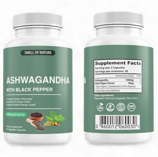 [BRSRAEABCEFBEE37] Nature’s Smell Organic Ashwagandha Supplements with Black Pepper Extract - 1300mg Pure Ashwagandha Extract - Energy Support - Non-GMO, Gluten-Free, Vegan - 60 Capsules