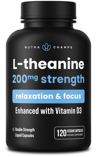 [BRSW2BL2CUFBAGT5] NutraChamps L-Theanine 200mg Capsules | Double-Strength L-Theanine Liquid with Vitamin D3, Organic Coconut Oil | Supports Mood, Focus, Stress Relief | for Kids & Adults | 120 Vegan Capsules