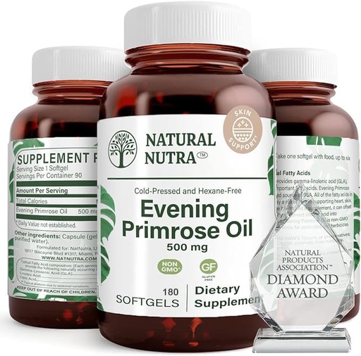 [BRSWKEIHAUCQAALK] Natural Nutra Evening Primrose Oil Supplement from Fatty Acid, Helps Overcome Body Pain, Nerve Health, Promote Hearth Health & Skin Clarity, Helps Reduce Digestive Discomfort, 500 mg, 180 Softgel