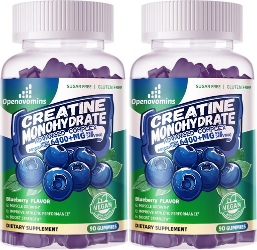 [BRSRAH34BMFA4FDK] Complejo de Gummies de Monohidrato de Creatina para Hombres y Mujeres -Fórmula avanzada W/L-Taurina + Vitamina B12, Sugar suplemento Chewable Libre,180 Blueberry Gummies 2pack