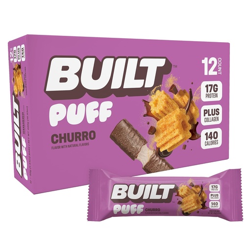[BRSW2H3QOYPWKYI2] Built Bar, Puff Protein Bars, Churro Puff, 17g Protein Snacks, On-The-Go Bars, Slechts 140 Calorieën & 6g Suiker, Collageen, Glutenvrij, 12 Tellen