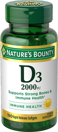 [BRSWIY34PIBRUEDY] Nature's Bounty Vitamin D, Supports Immune Health & Bone Health, 2000IU Vitamin D3, 150 Softgels