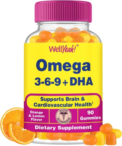 [BRSRA237DN6AMFDH] WellYeah Omega 3 6 9 Gummies | with Flaxseed Oil and DHA | Vegetarian Omega 3 Fish Oil Alternative | GMO Free, Gluten Free, Orange & Lemon Flavor | Natural Sourced Colors and Flavors | 90 Count
