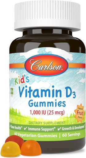 [BRSWGZLQOJ6AK2DX] Carlson - Вітамін D3 Gummies, 1000 IU (25 мкг), Bone Health & Immune Support, Зростання та розвиток, Вітамін D Gummies, D3 Gummy Вітаміни, Натуральні фрукти Flavors, 60 Вегетаріанські Gummies