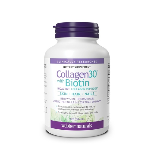 [BRSWGED5B4CBS2DX] Webber Naturals Collagen 30 with Biotin, 2,500mg of Bioactive Collagen Peptides with 5,000 mcg of Biotin Per Serving, 120 Tablets, For Advanced Nourishment of Skin, Hair and Nails, Dairy & Gluten Free