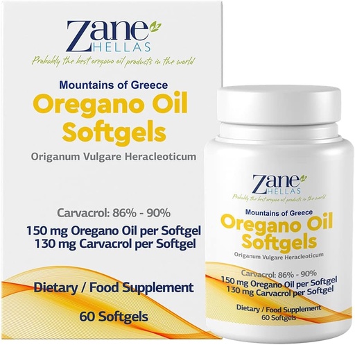[BRSW2CY5DMPWYAY3] 130 mg Carvacrol - 150 mg Oregano Oil per Softgel. World Highest Concentration Oregano Oil Capsule. Zane Hellas Oregano Oil. Softgel Contains 30% Greek Essential Oil of Oregano. 120 Softgels.