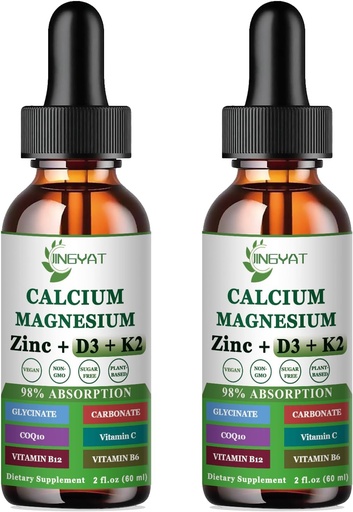[BRSRAZLRCMHBY337] Calcium Magnesium Zinc Liquid Drops, Liquid Magnesium Glycinate 500mg Calcium 1000mg with Vitamin D3,K2,B6,B12,Coq10,6X Stronger Than Gummies Capsules (2 Pack)