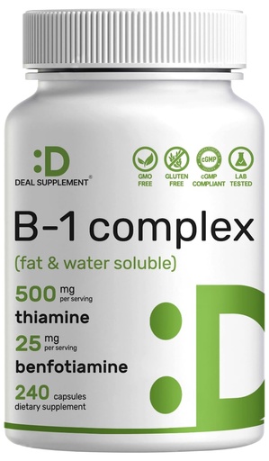 [BRSWYYYTBEMA2D3G] DEAL SUPPLEMENT Vitamin B1 500mg with Benfotiamine, 240 Capsules – 2 in 1 Enhanced Formula – Fat & Water Soluble Thiamine B1 Supplement – Third Party Tested, Non-GMO, No Gluten